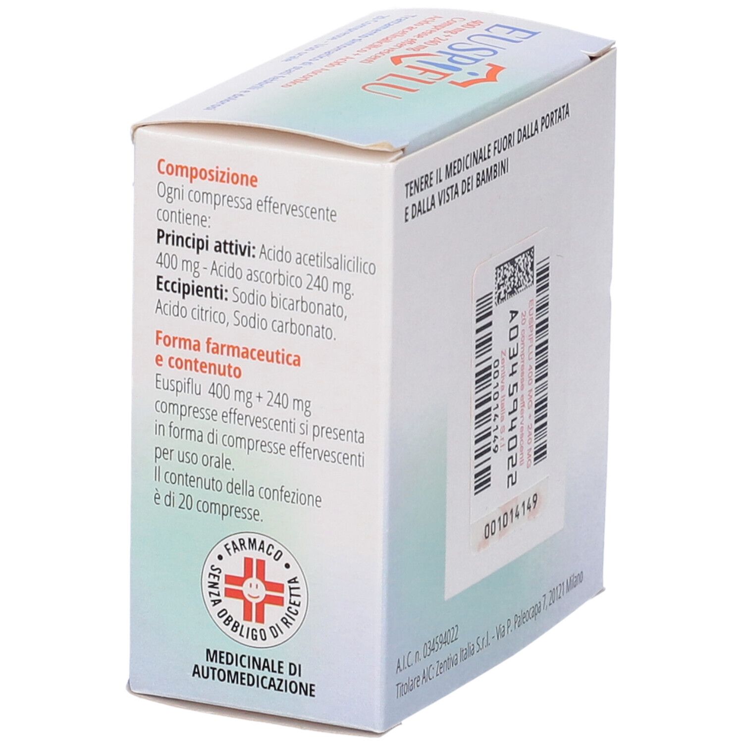 Lato della scatola di Euspiflu. Contiene informazioni sulla composizione e la forma farmaceutica. Zentiva.