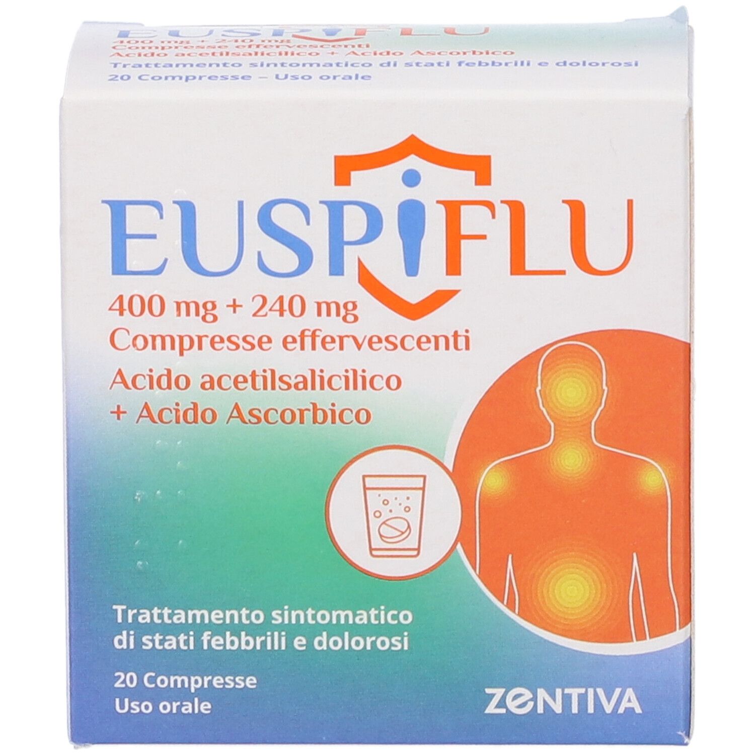 Scatola di Euspiflu 400 mg + 240 mg compresse effervescenti. Contiene acido acetilsalicilico e acido ascorbico. 20 compresse. Zentiva.