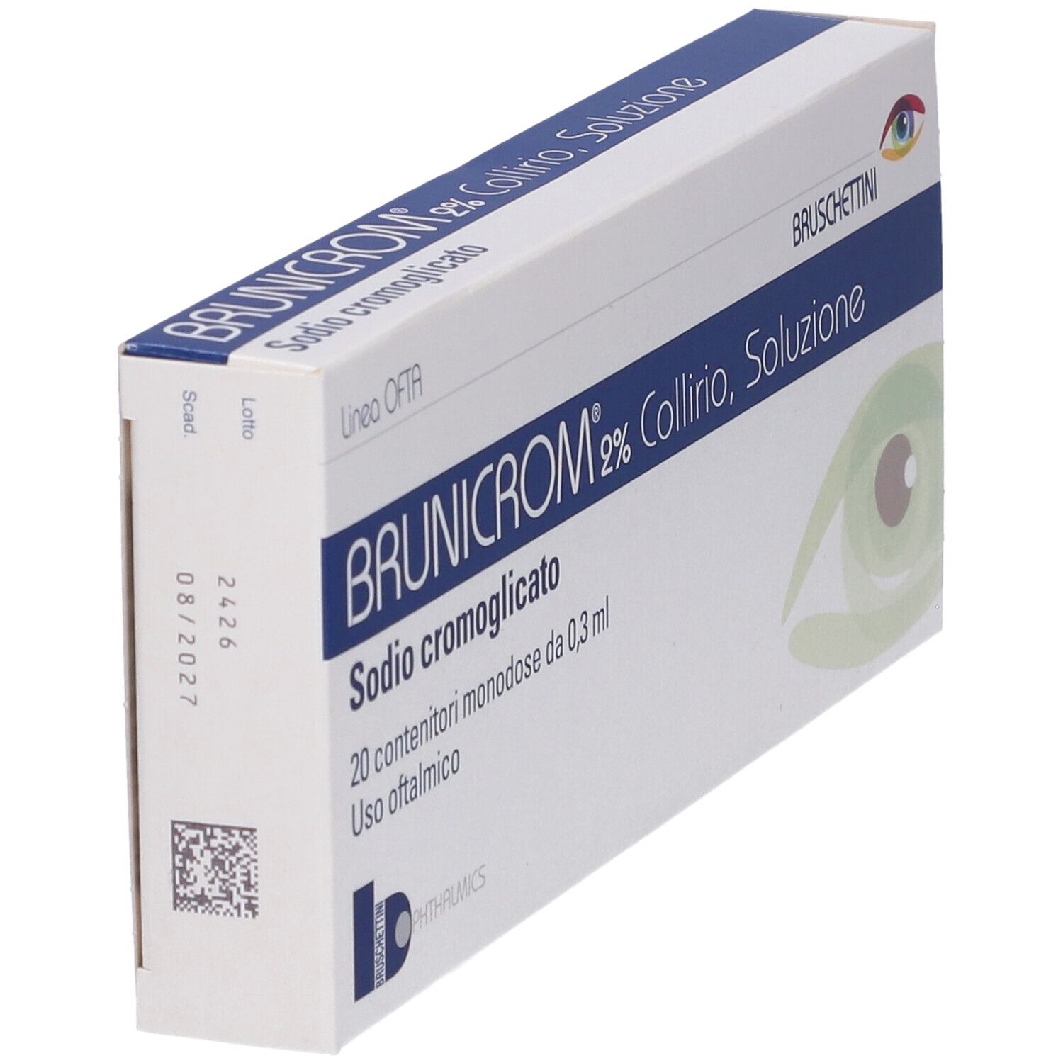 Scatola di collirio Brunicrom 2%. Confezione bianca e blu con nome del prodotto e ingredienti.