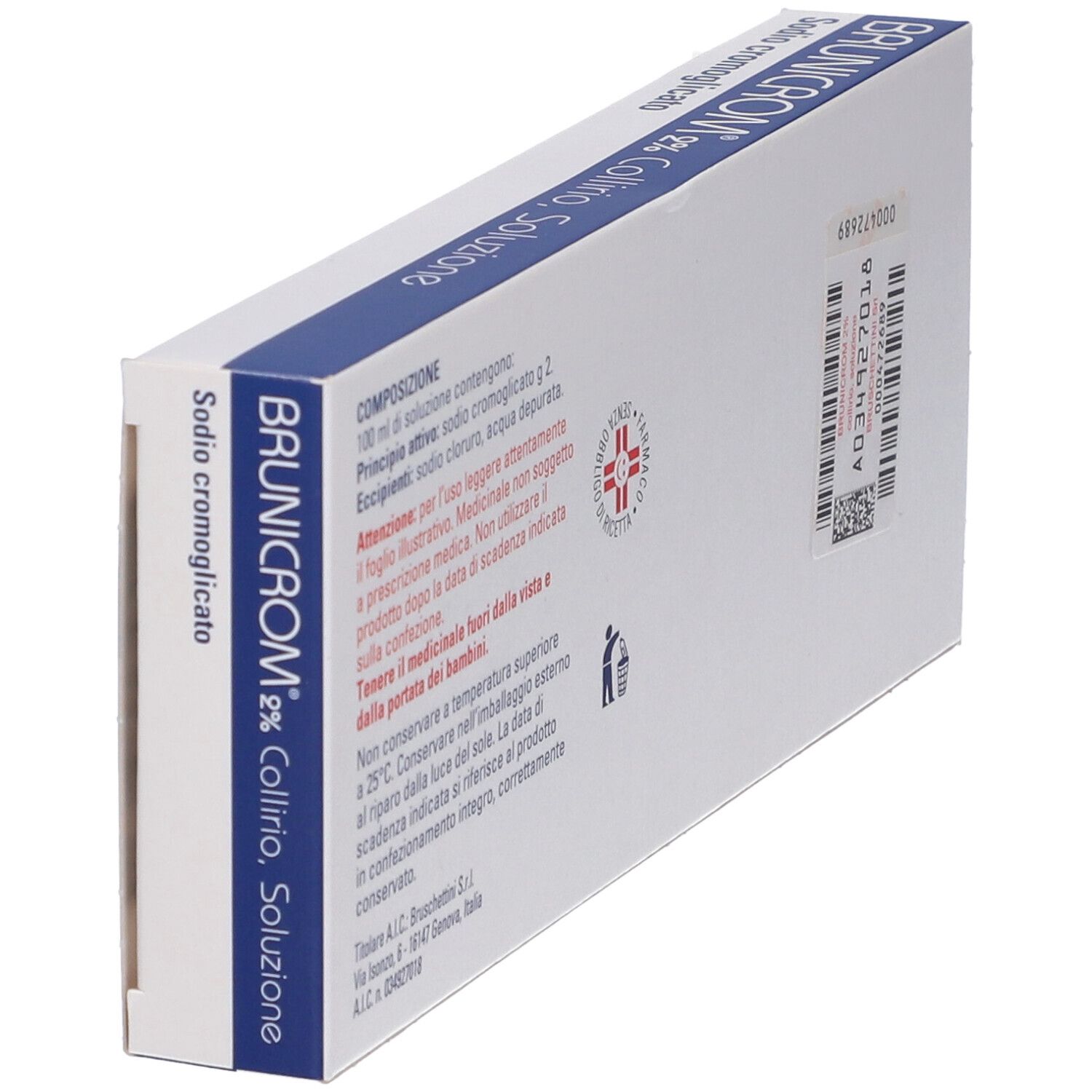 Scatola Brunicrom 2% in prospettiva. Retro con testo e codice a barre.