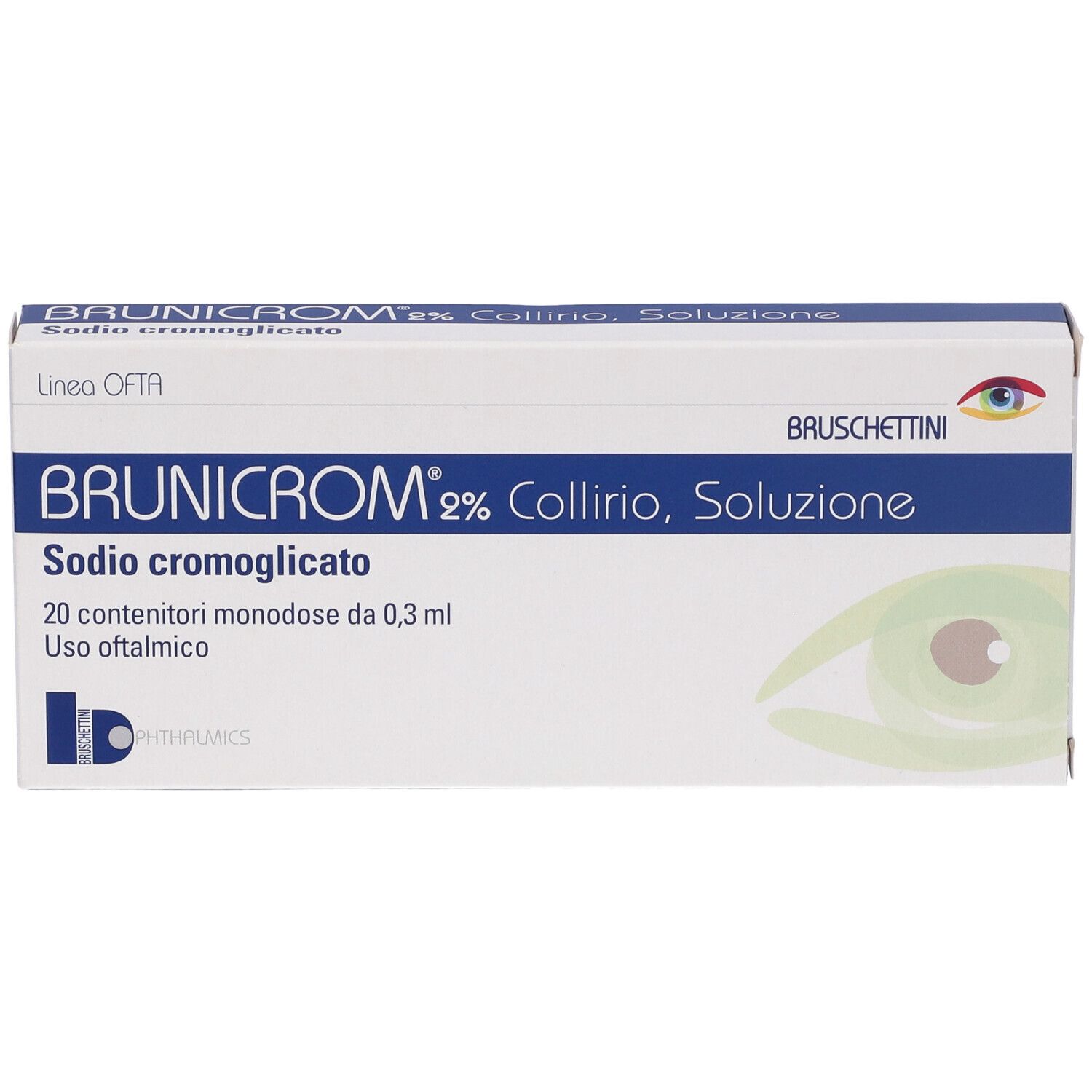 Scatola di collirio Brunicrom 2%. Confezione bianca e blu con nome del prodotto e ingredienti.