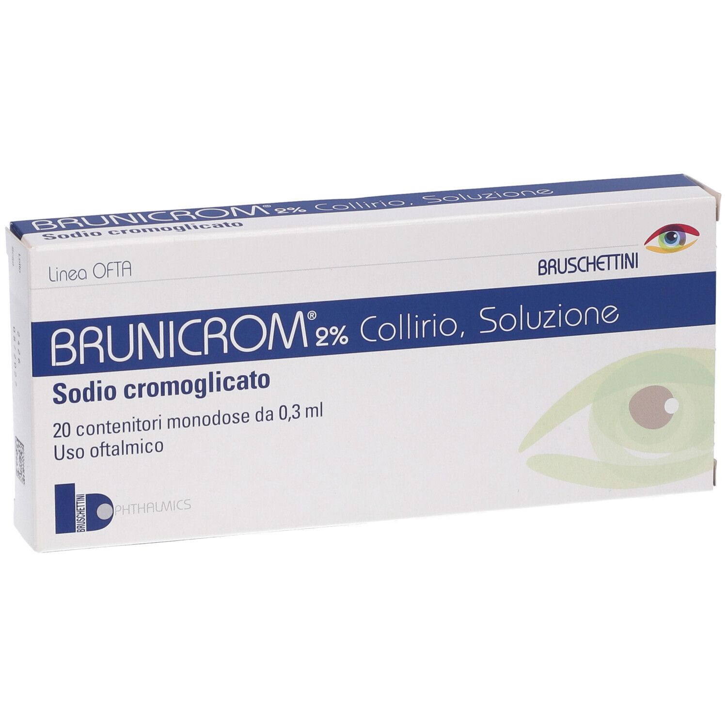 Scatola di collirio Brunicrom 2%. Confezione bianca e blu con nome del prodotto e ingredienti.
