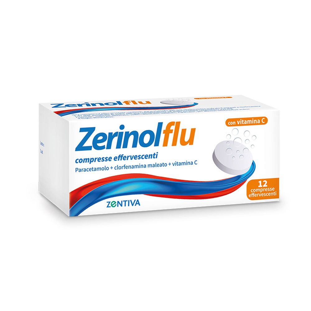 Scatola bianca di Zerinolflu. Scritto: compresse effervescenti, con vitamina C. ZENTIVA.