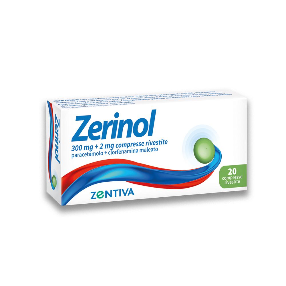 Scatola Zerinol, 20 compresse. Scritta: 300 mg + 2 mg, paracetamolo + clorfenamina maleato. Marchio ZENTIVA.