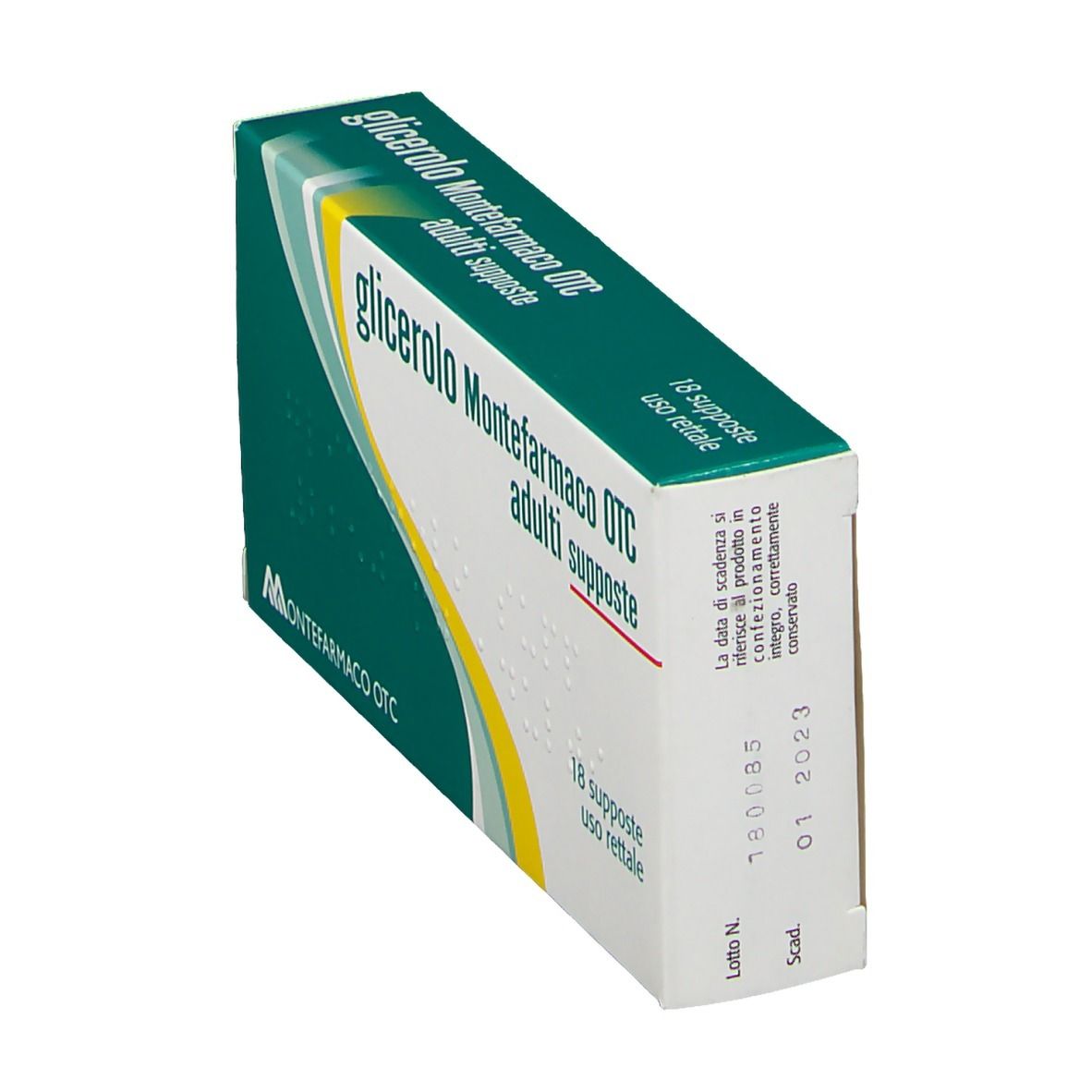 Confezione di supposte per adulti. Scritta in italiano. 18 supposte. Verde, bianco e giallo.