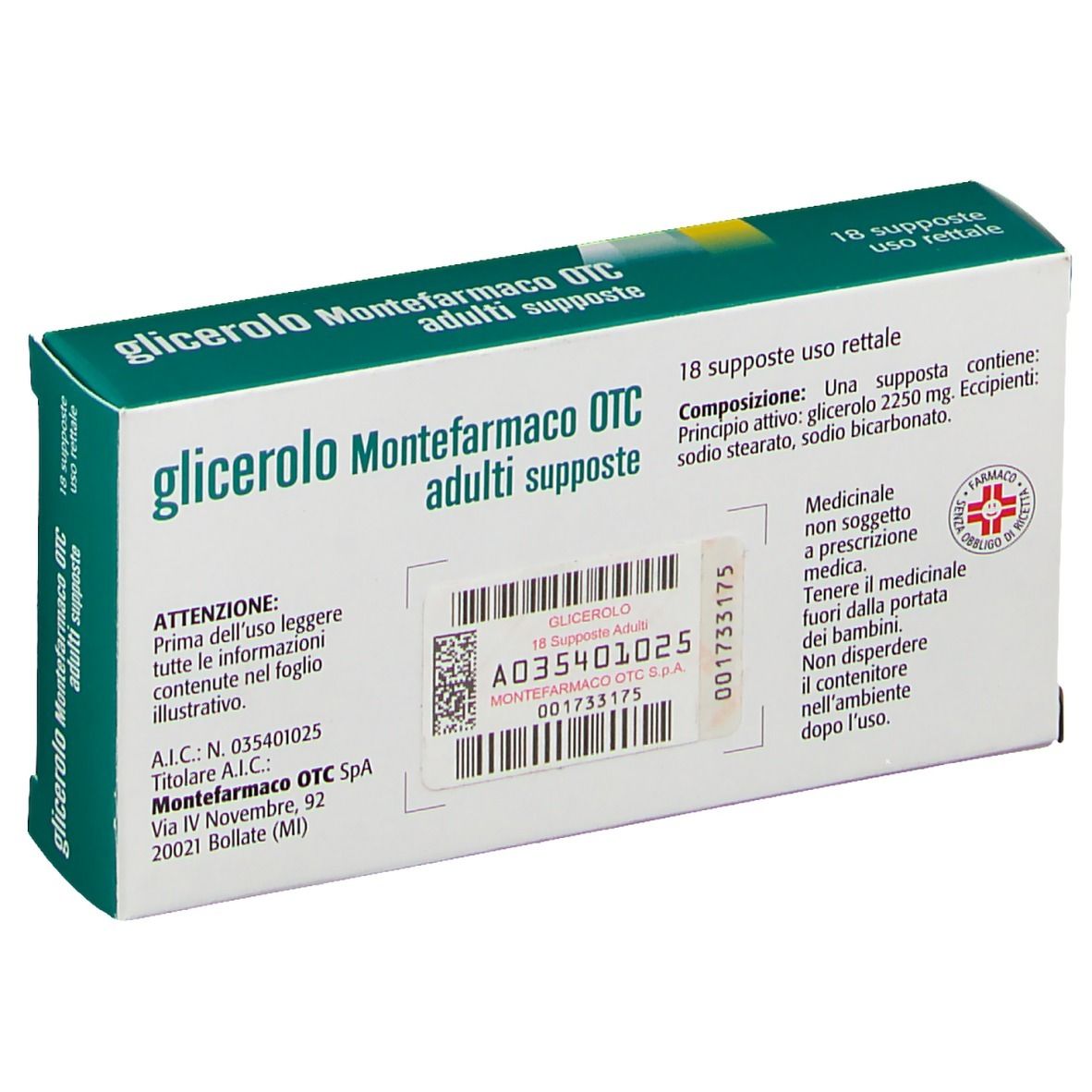 Confezione di supposte per adulti. Scritta in italiano. 18 supposte. Verde, bianco e giallo.