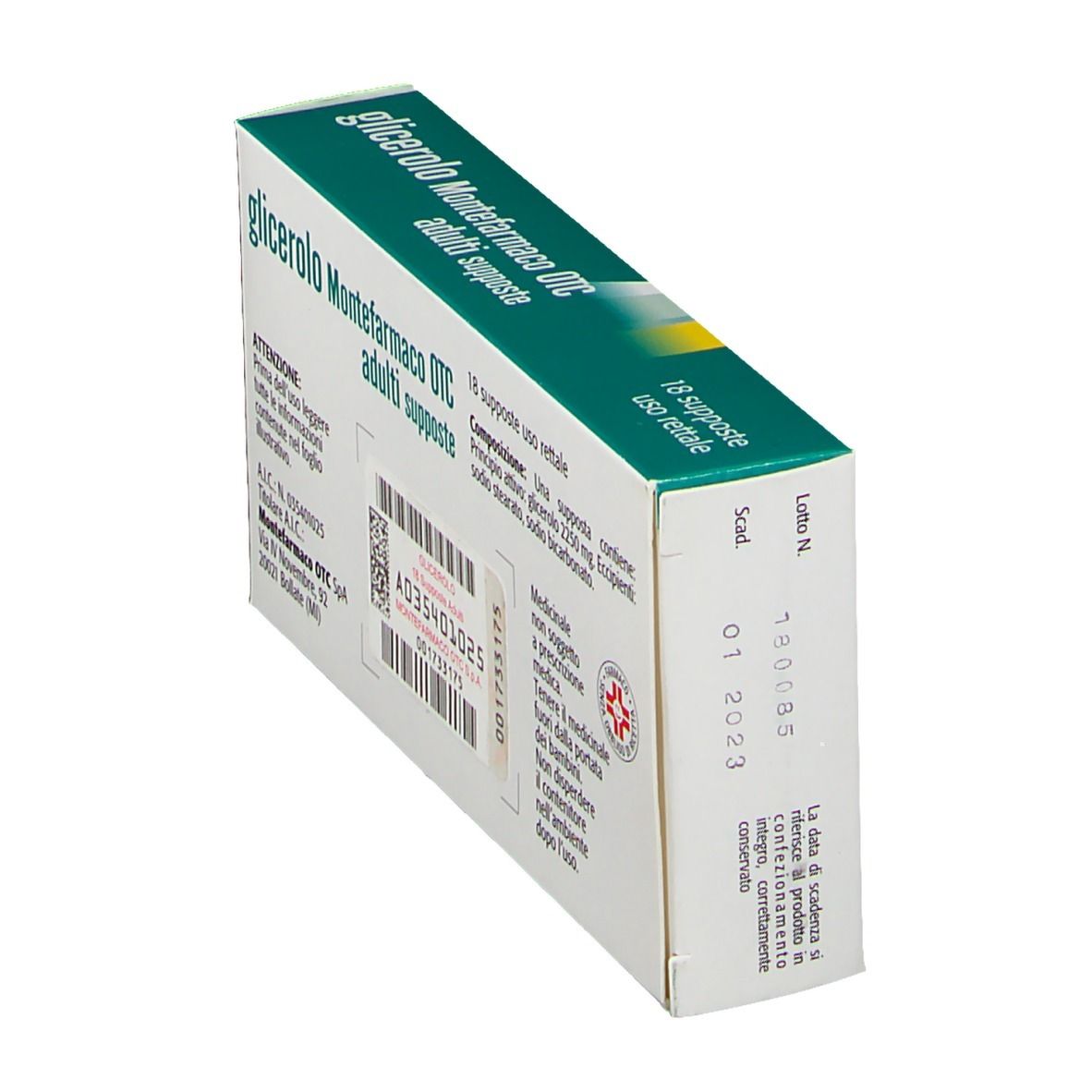 Confezione di supposte per adulti. Scritta in italiano. 18 supposte. Verde, bianco e giallo.