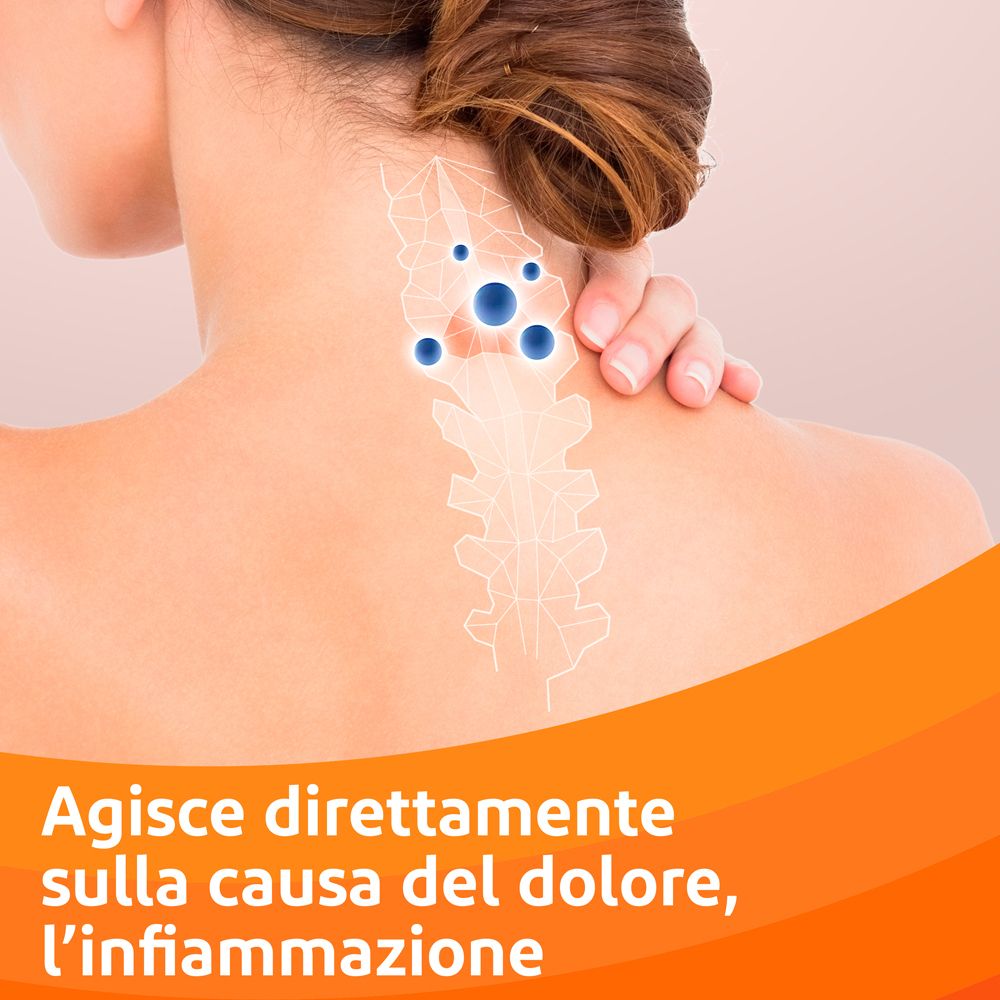 Schiena di una persona con punti di dolore evidenziati. Testo: 'Agisce direttamente sulla causa del dolore, l'infiammazione'.
