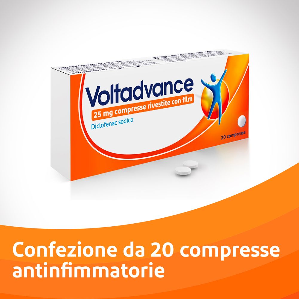 Scatola Voltadvance 25mg compresse rivestite con film, 20 unità. Sfondo arancione, confezione in primo piano.