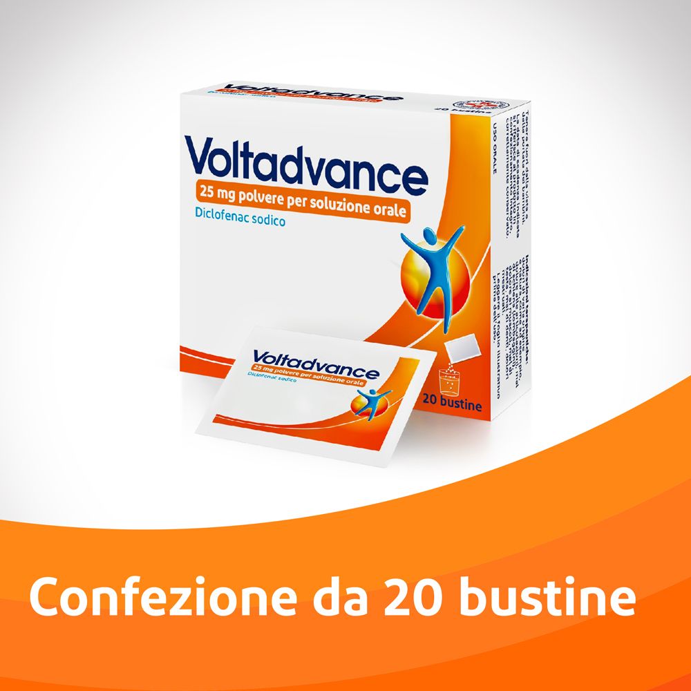 Confezione di Voltadvance, 20 bustine. Sfondo arancione. Nome del prodotto e logo visibili.