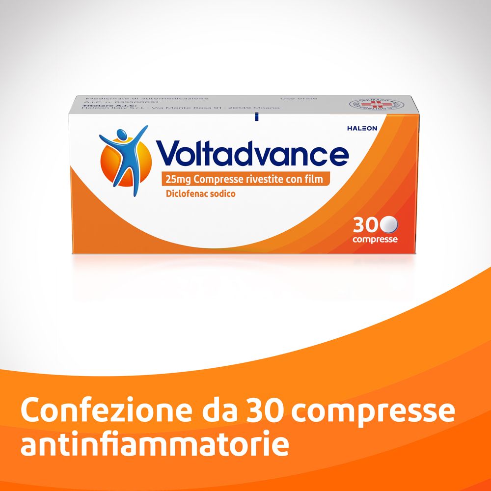 Confezione di Voltadvance, 30 compresse. Design arancione. Testo: 'Confezione da 30 compresse antinfiammatorie'.