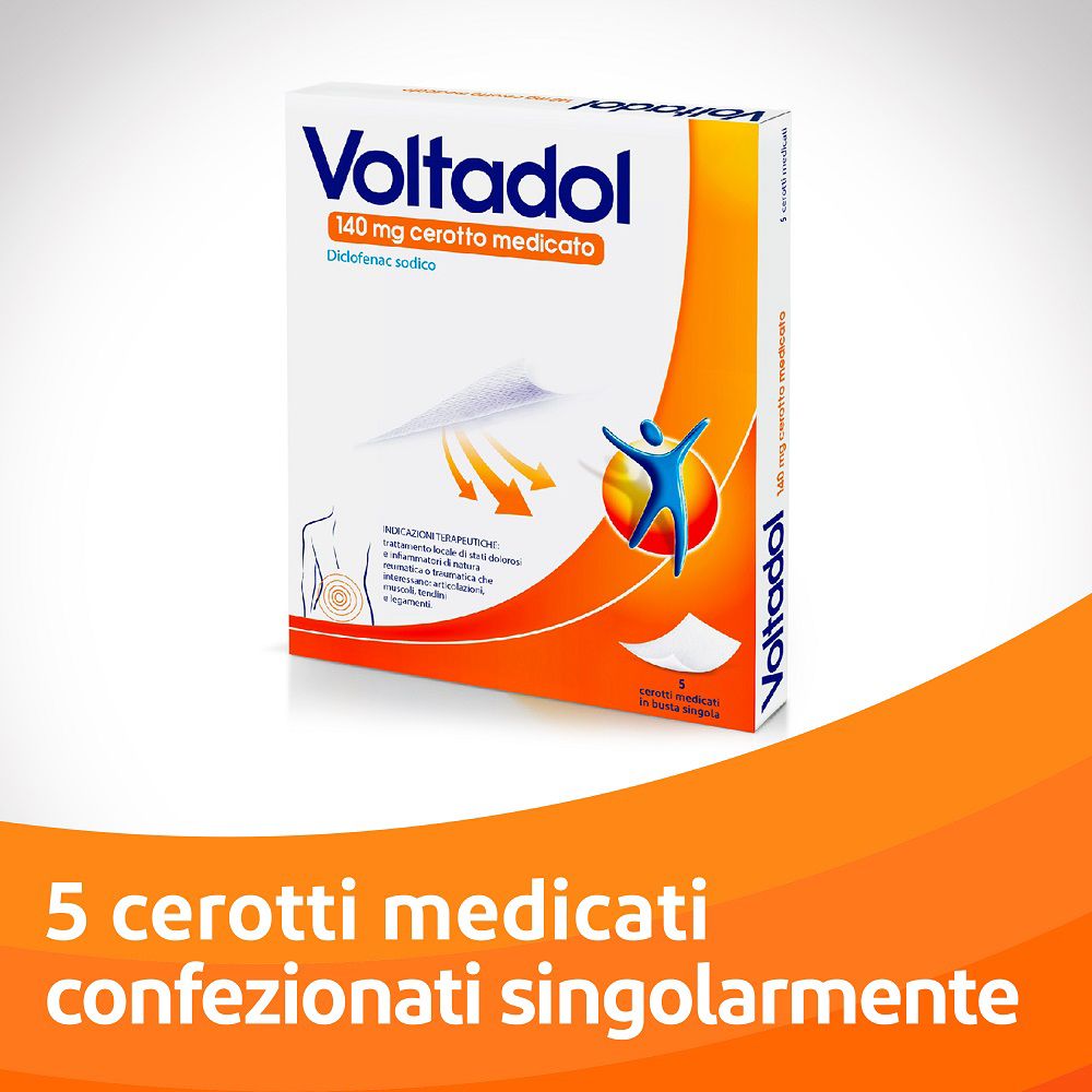 Confezione di Voltadol, 5 cerotti medicati confezionati singolarmente. Sfondo arancione.