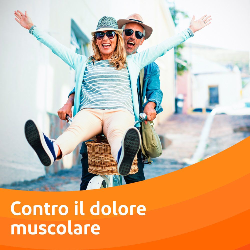 Coppia in bicicletta. Testo: Contro il dolore muscolare. Sfondo arancione.