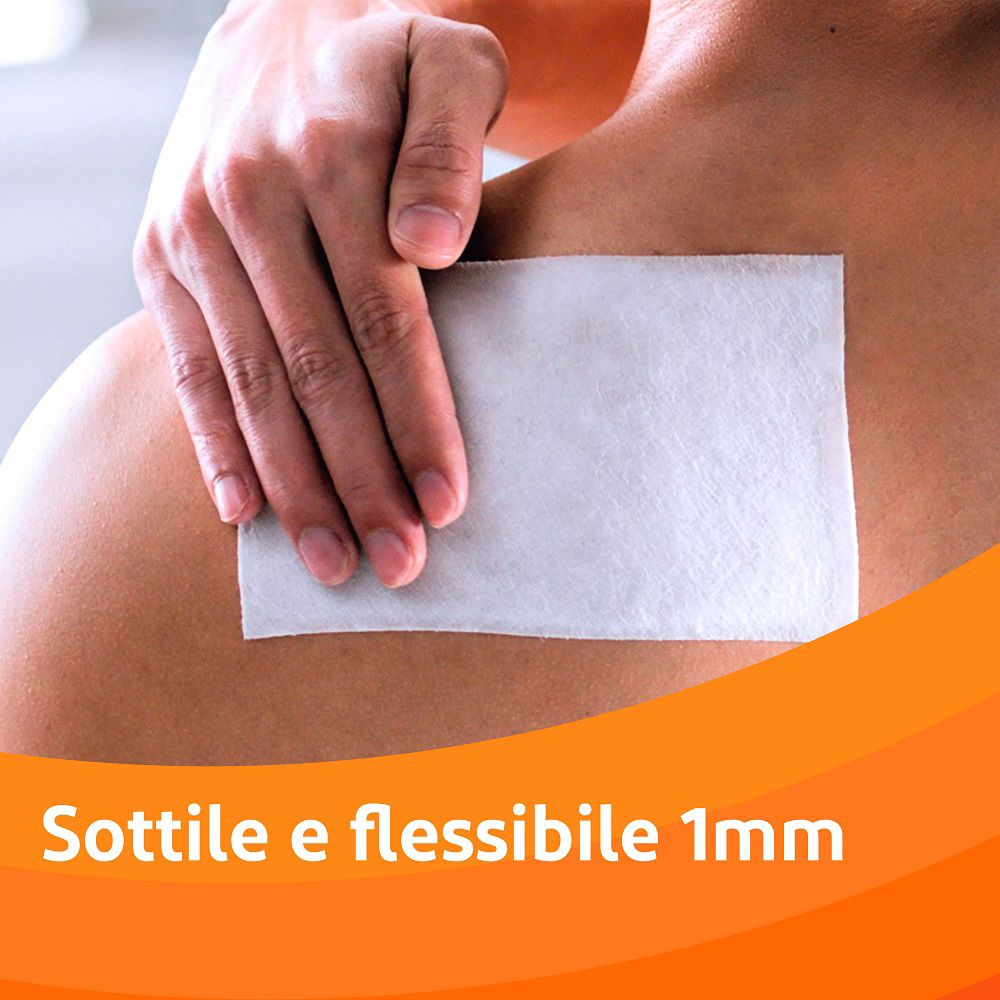 Cerotto sulla schiena. Testo: Sottile e flessibile 1 mm. Sfondo arancione.