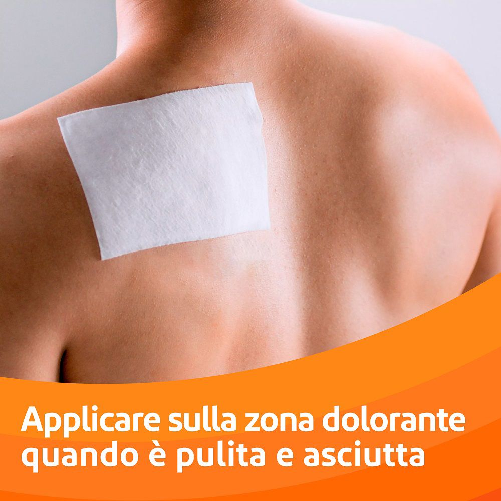 Cerotto sulla schiena. Testo: Applicare sulla zona dolorante quando è pulita e asciutta.
