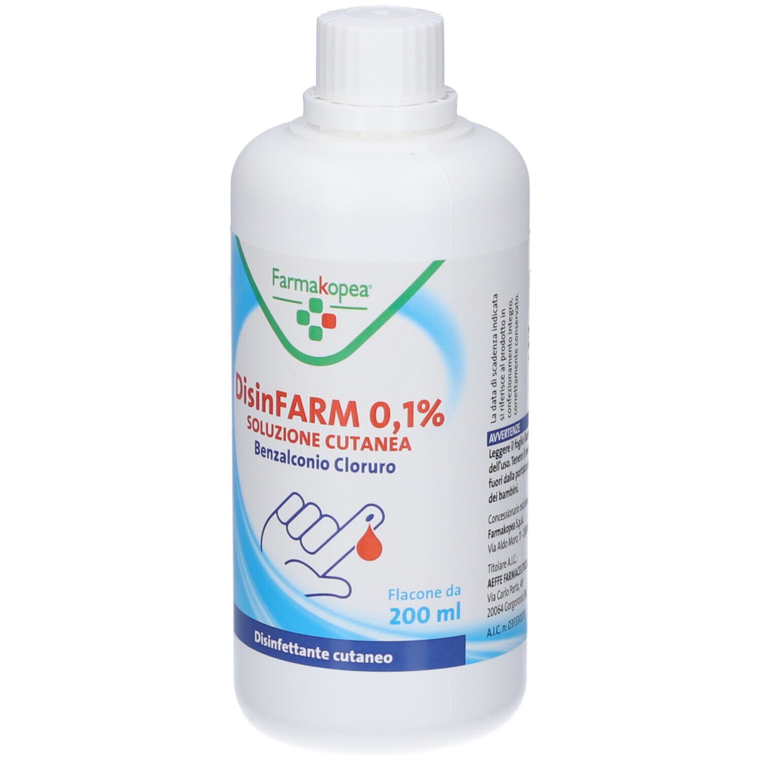Flacone bianco con etichetta. Nome del prodotto, logo e immagine di una mano con goccia.