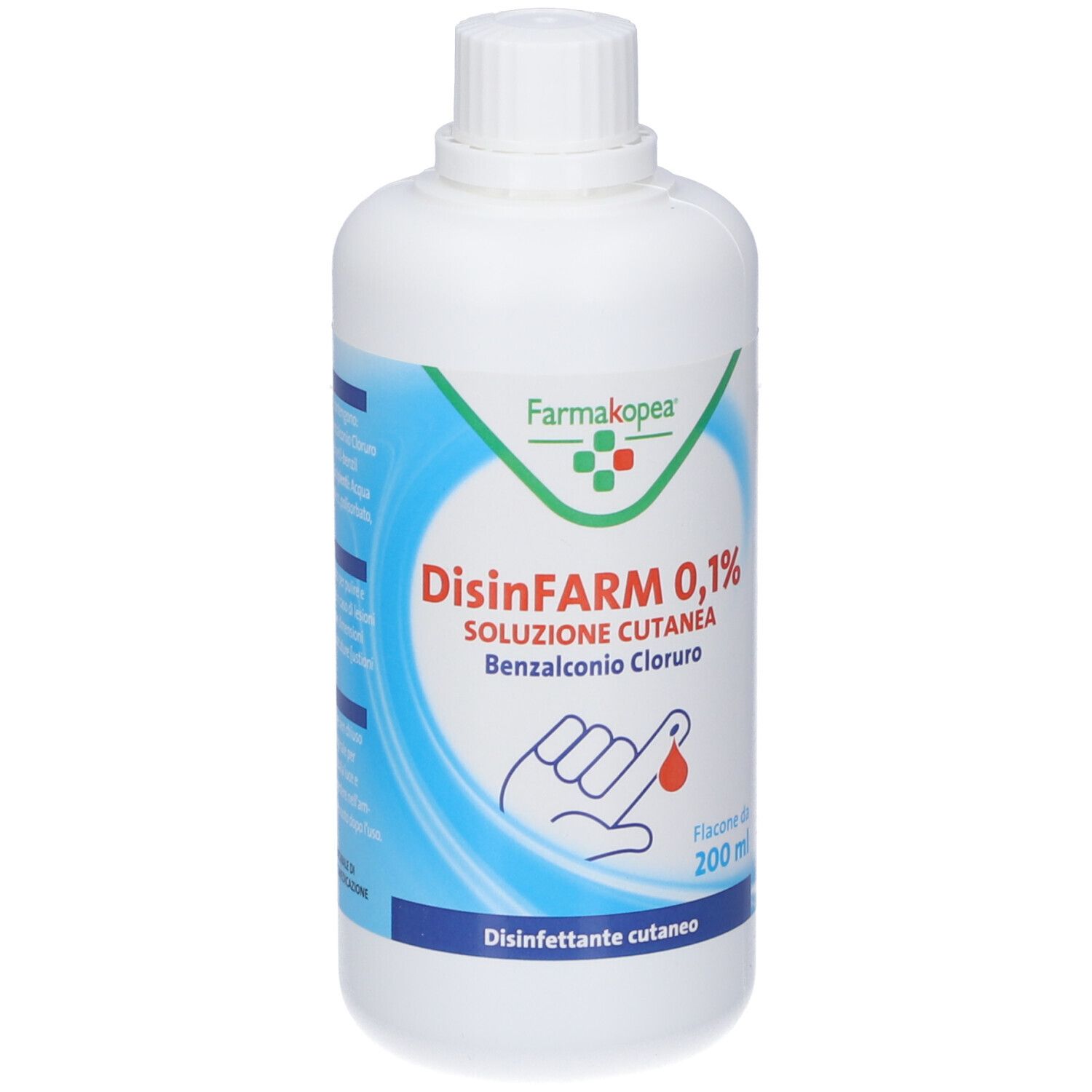 Flacone bianco con etichetta. Nome del prodotto, logo e immagine di una mano con goccia. 200 ml.