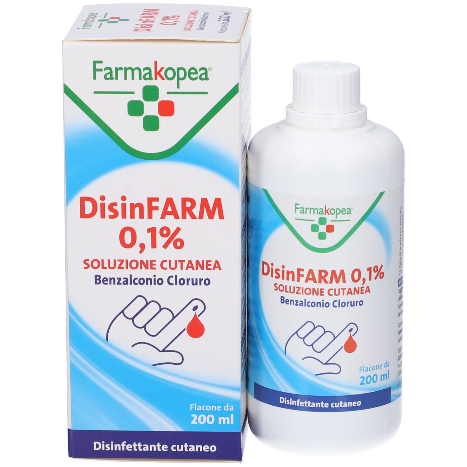 Flacone e confezione del prodotto. Flacone bianco e scatola con nome del prodotto, logo e immagine.