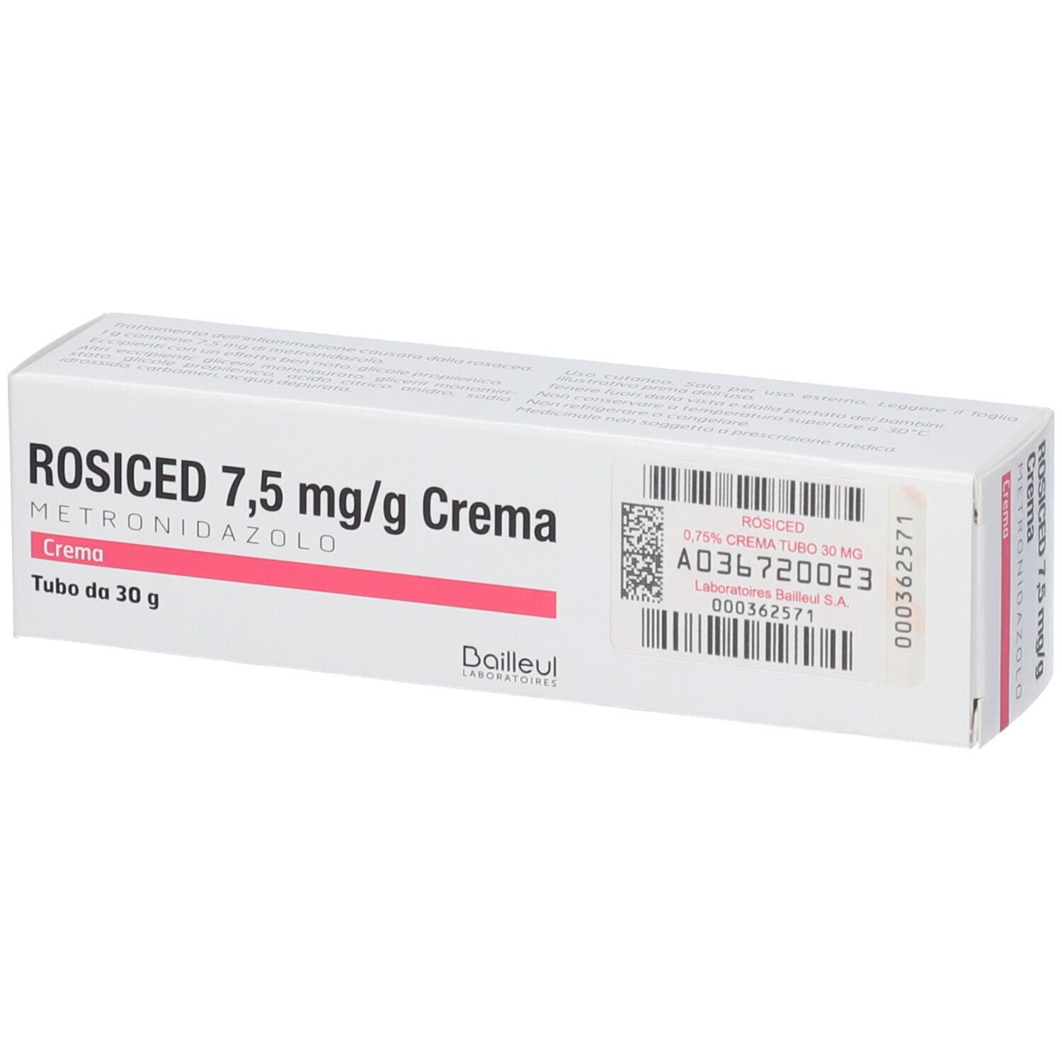 Scatola bianca con nome prodotto ROSICED 7,5 mg/g Crema. Stampa: Metronidazolo, Crema, Tubo da 30 g. Codice a barre e informazioni produttore.