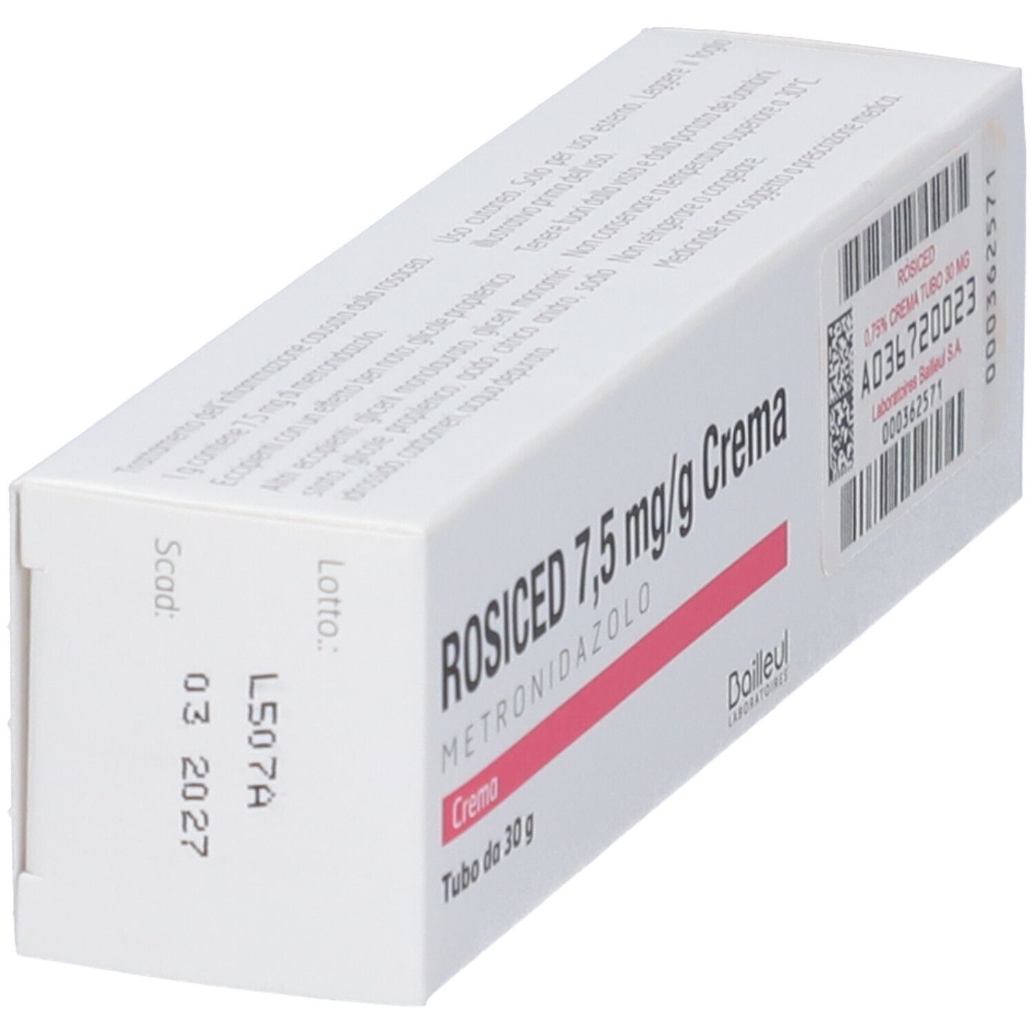 Scatola bianca inclinata. Nome prodotto ROSICED 7,5 mg/g Crema. Stampa: Metronidazolo, Crema, Tubo da 30 g. Codice a barre e data di scadenza.