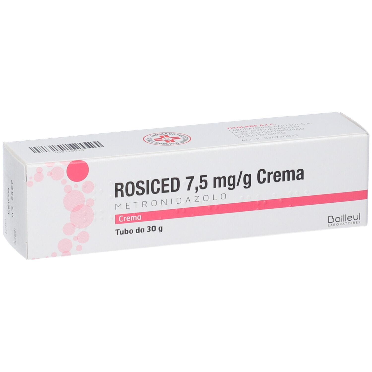 Scatola bianca con nome prodotto ROSICED 7,5 mg/g Crema. Stampa: Metronidazolo, Crema, Tubo da 30 g. Logo del produttore.