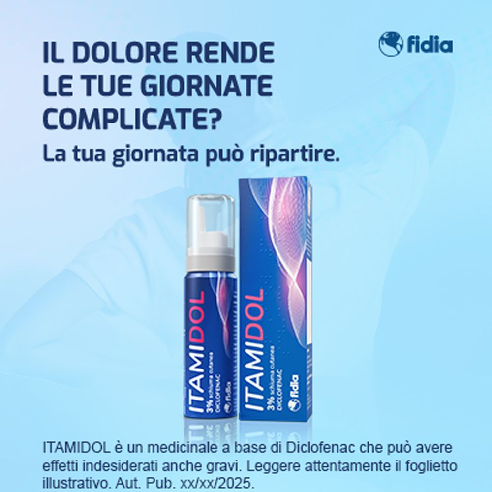 Lattina ITAMIDOL 3% Schiuma Cutanea e confezione con logo Fidia.