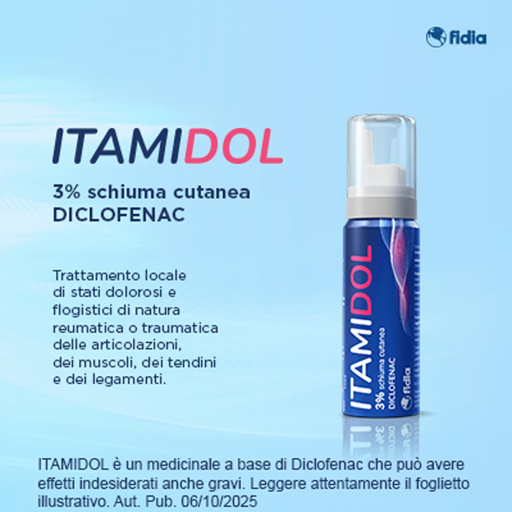 Lattina ITAMIDOL 3% Schiuma Cutanea con logo Fidia e indicazioni.