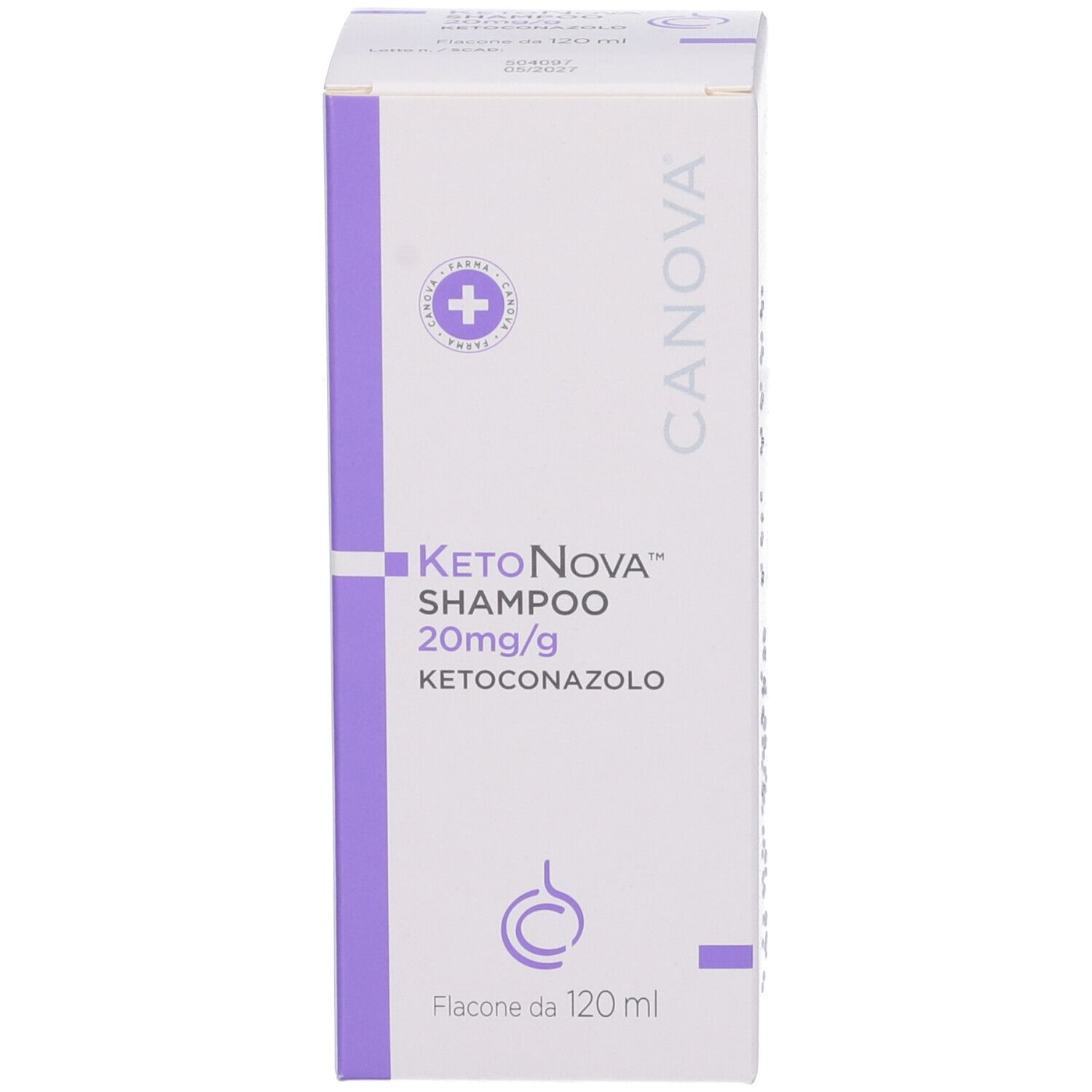 Scatola bianca Canova KetoNova Shampoo. Dettagli viola e informazioni sul prodotto. Illustrazione del flacone.