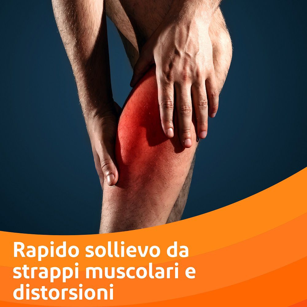 Gamba con evidenziatore rosso. Testo: Rapido sollievo da strappi muscolari e distorsioni.