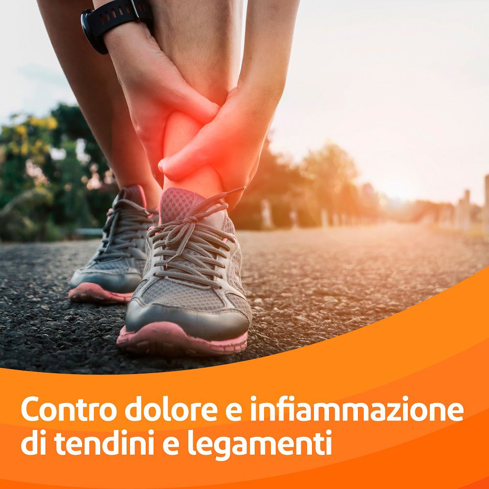 Persona con infortunio alla caviglia. Testo: Contro dolore e infiammazione di tendini e legamenti.