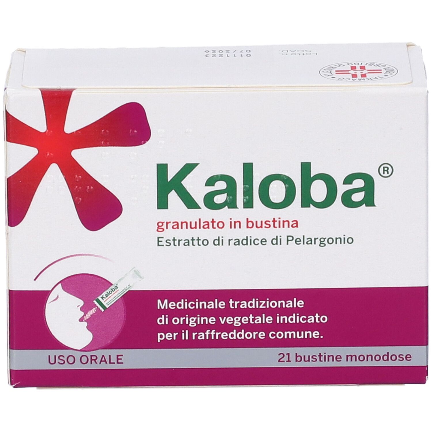 Scatola "Kaloba Granulato in Bustina". 21 bustine. Scritte in italiano.