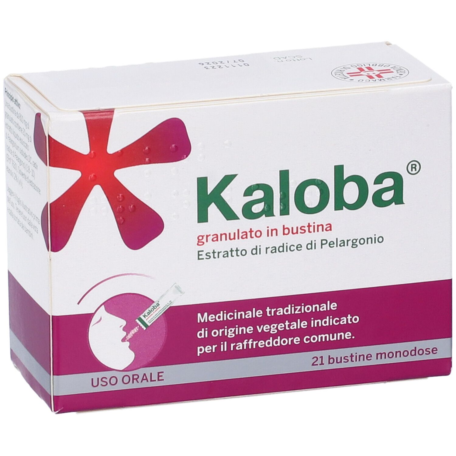 Scatola "Kaloba Granulato in Bustina". 21 bustine. Scritte in italiano.
