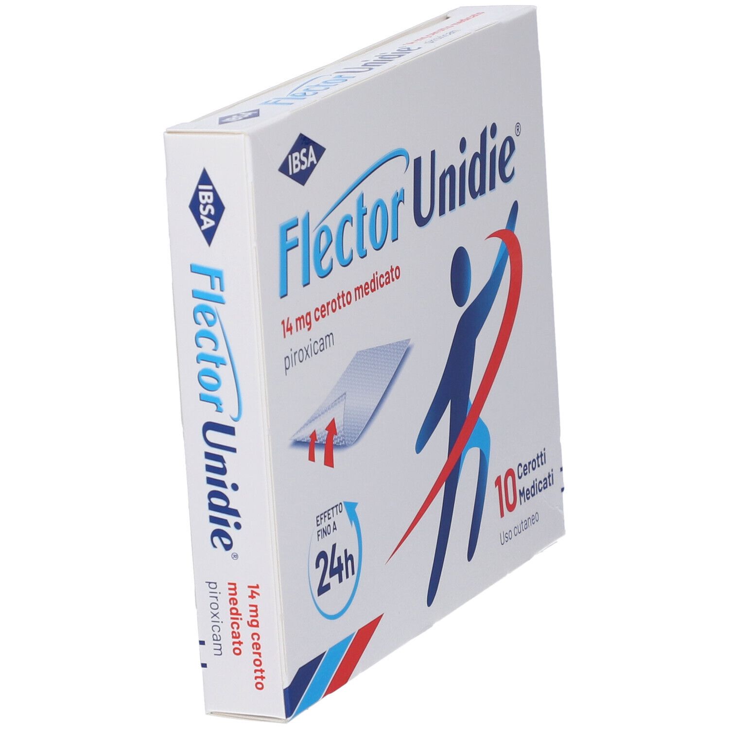 Confezione Flector Unidie 14mg Piroxicam, 10 cerotti medicati per uso cutaneo.