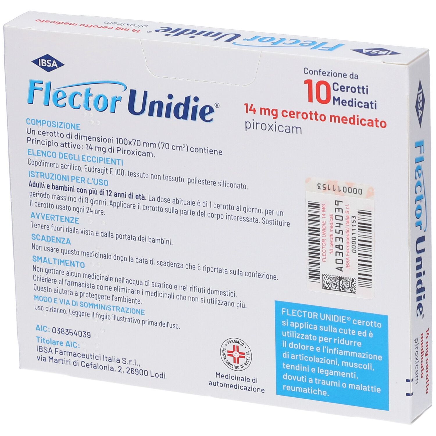 Retro confezione Flector Unidie 14mg Piroxicam con dettagli prodotto e istruzioni.