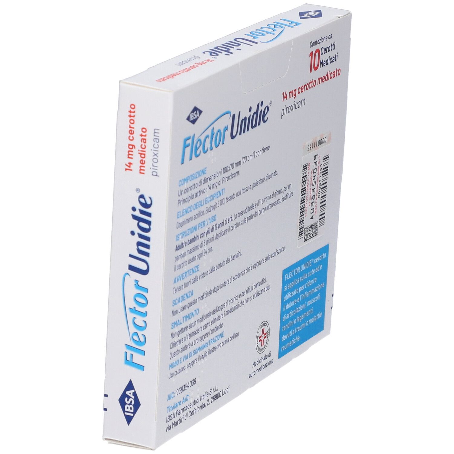 Confezione Flector Unidie 14mg Piroxicam, 10 cerotti medicati per uso cutaneo.