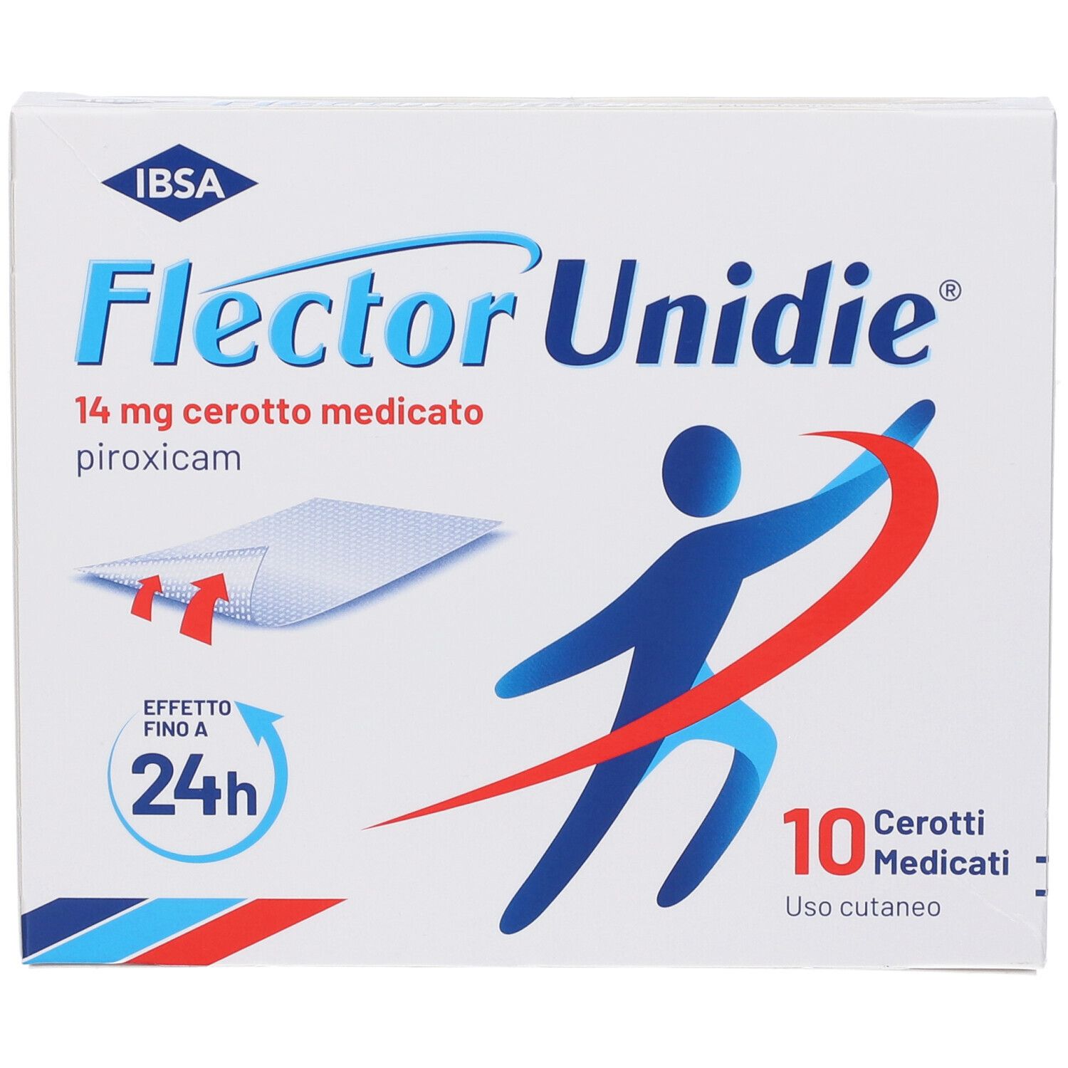 Confezione Flector Unidie 14mg Piroxicam, 10 cerotti medicati per uso cutaneo.