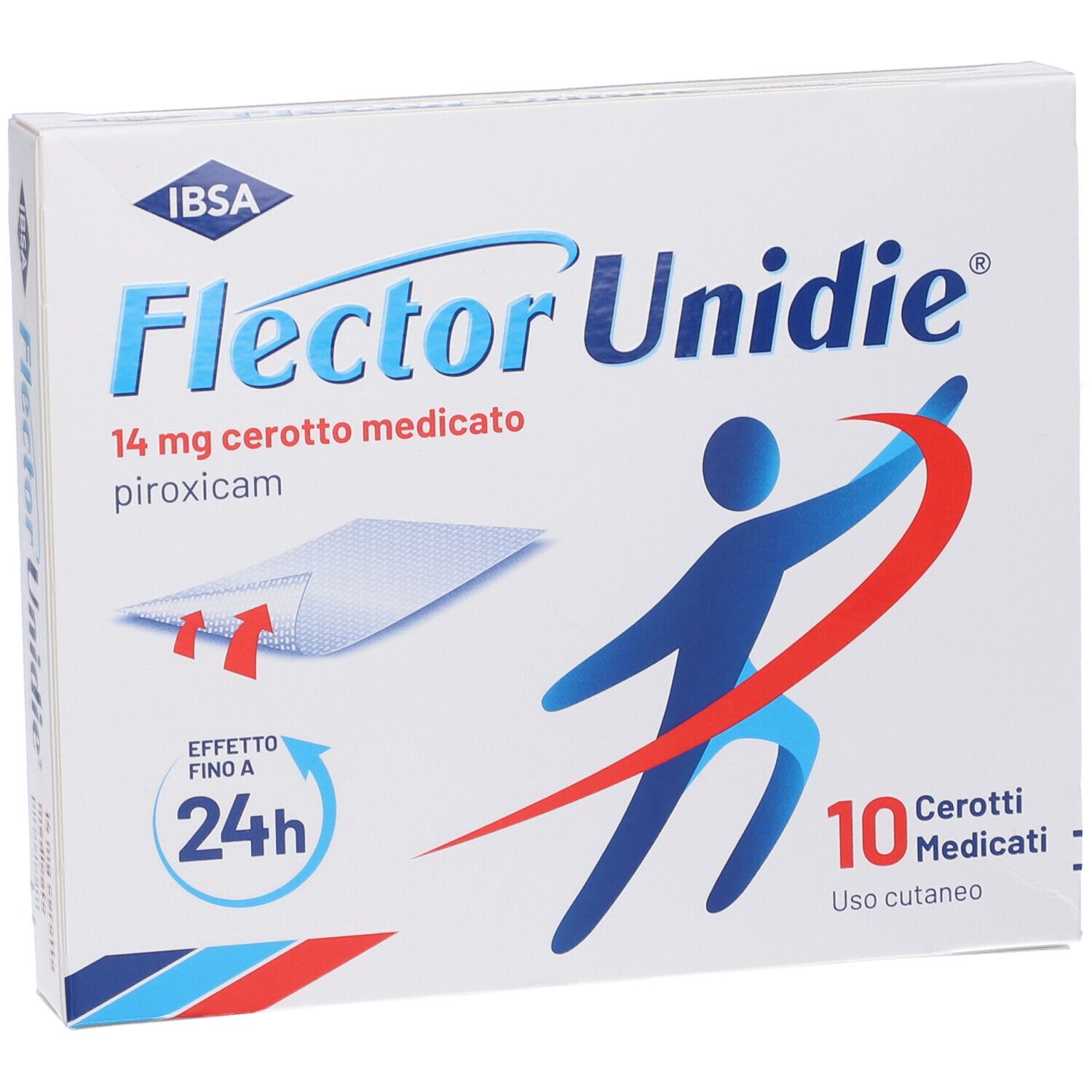 Confezione Flector Unidie 14mg Piroxicam, 10 cerotti medicati per uso cutaneo.
