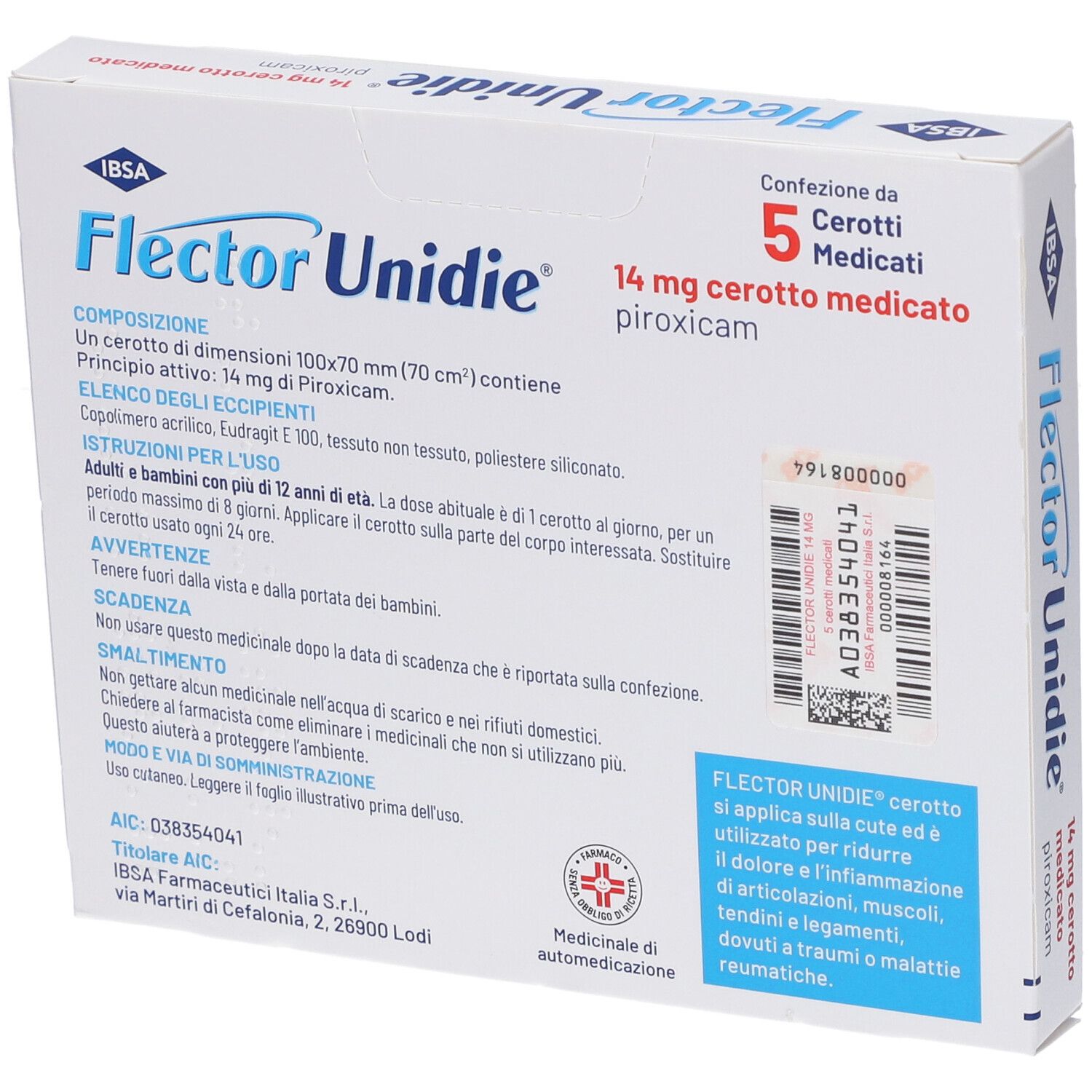 Flector Unidie 14mg: Retro della confezione con istruzioni e composizione.