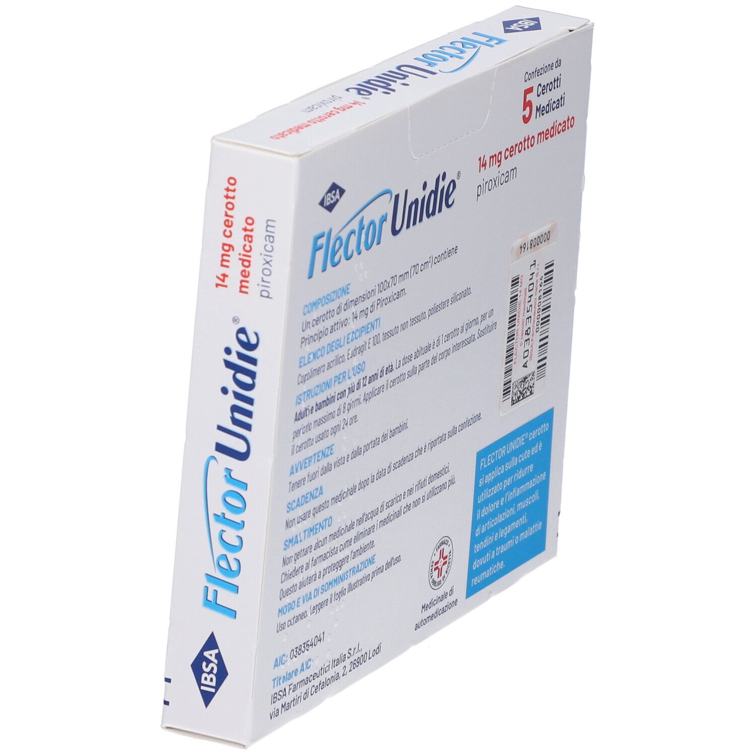 Flector Unidie 14mg: Retro della confezione con istruzioni e composizione.