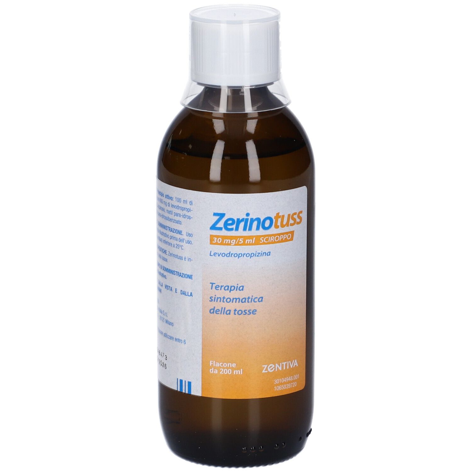 Flacone marrone con tappo bianco. Etichetta: Zerinotuss 30 mg/5 ml, Levoproprizina, Terapia sintomatica della tosse. ZENTIVA.