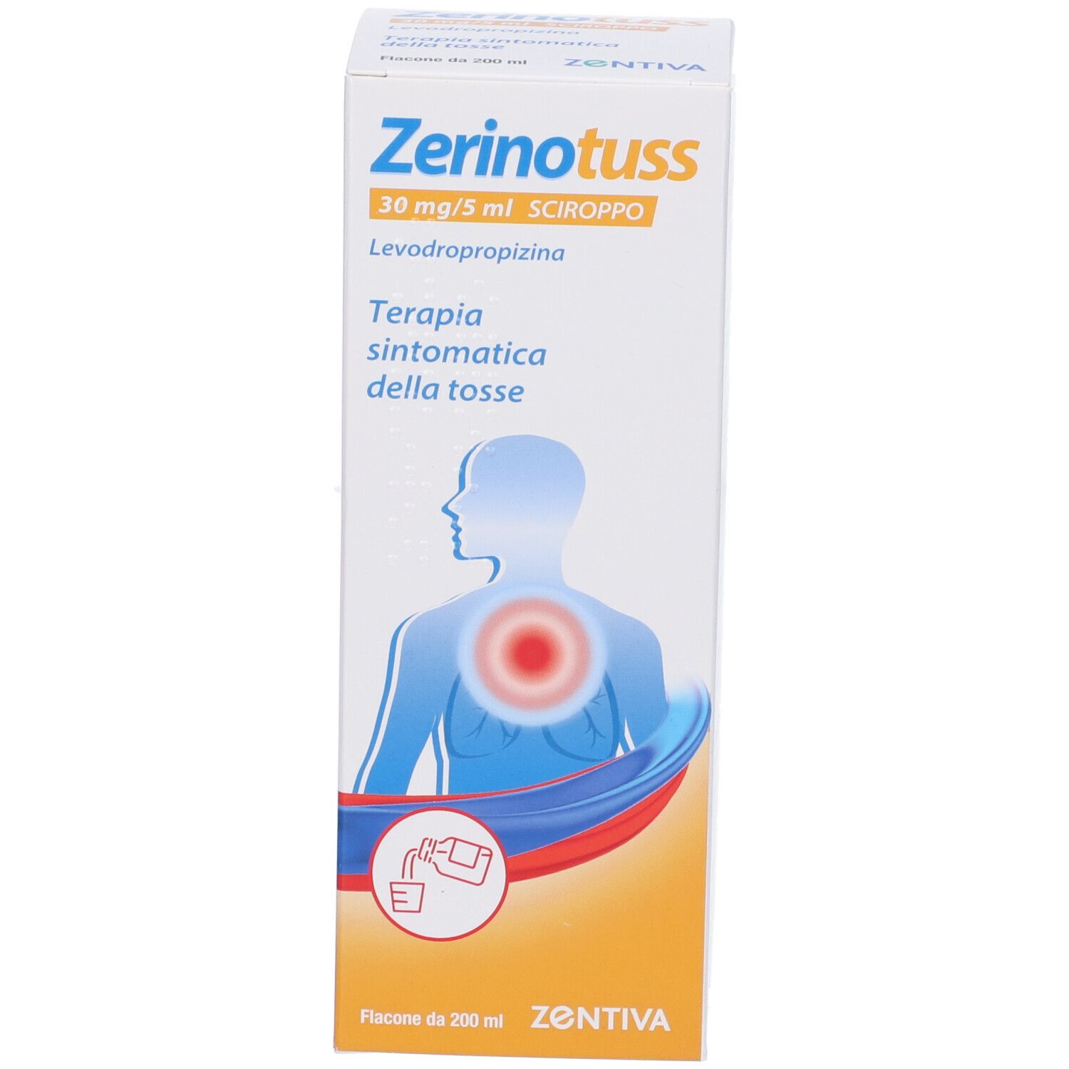 Scatola con informazioni sul prodotto. Sulla scatola: Zerinotuss 30 mg/5 ml, Levoproprizina, Terapia sintomatica della tosse. ZENTIVA.