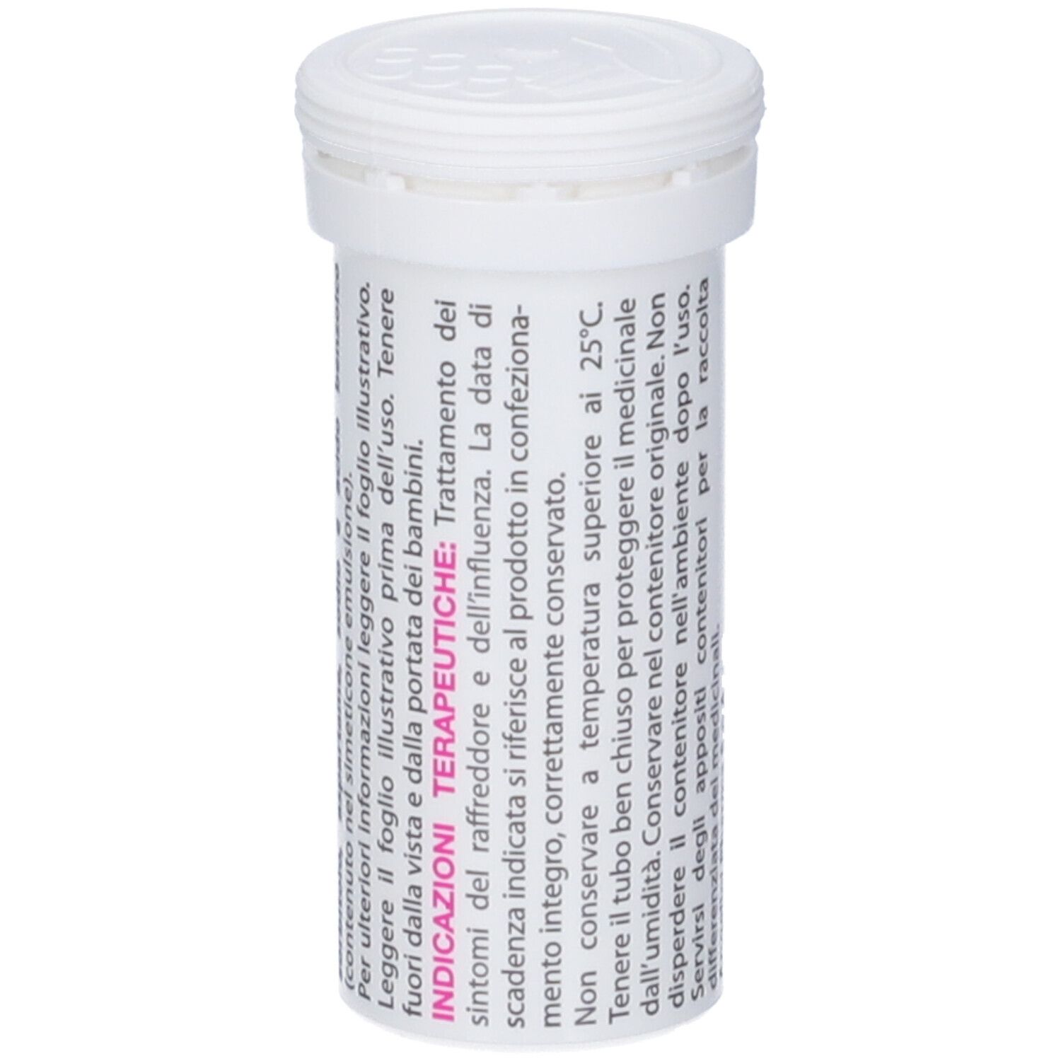 Tubo di compresse bianco con etichetta rosa. Informazioni testuali sull'etichetta.