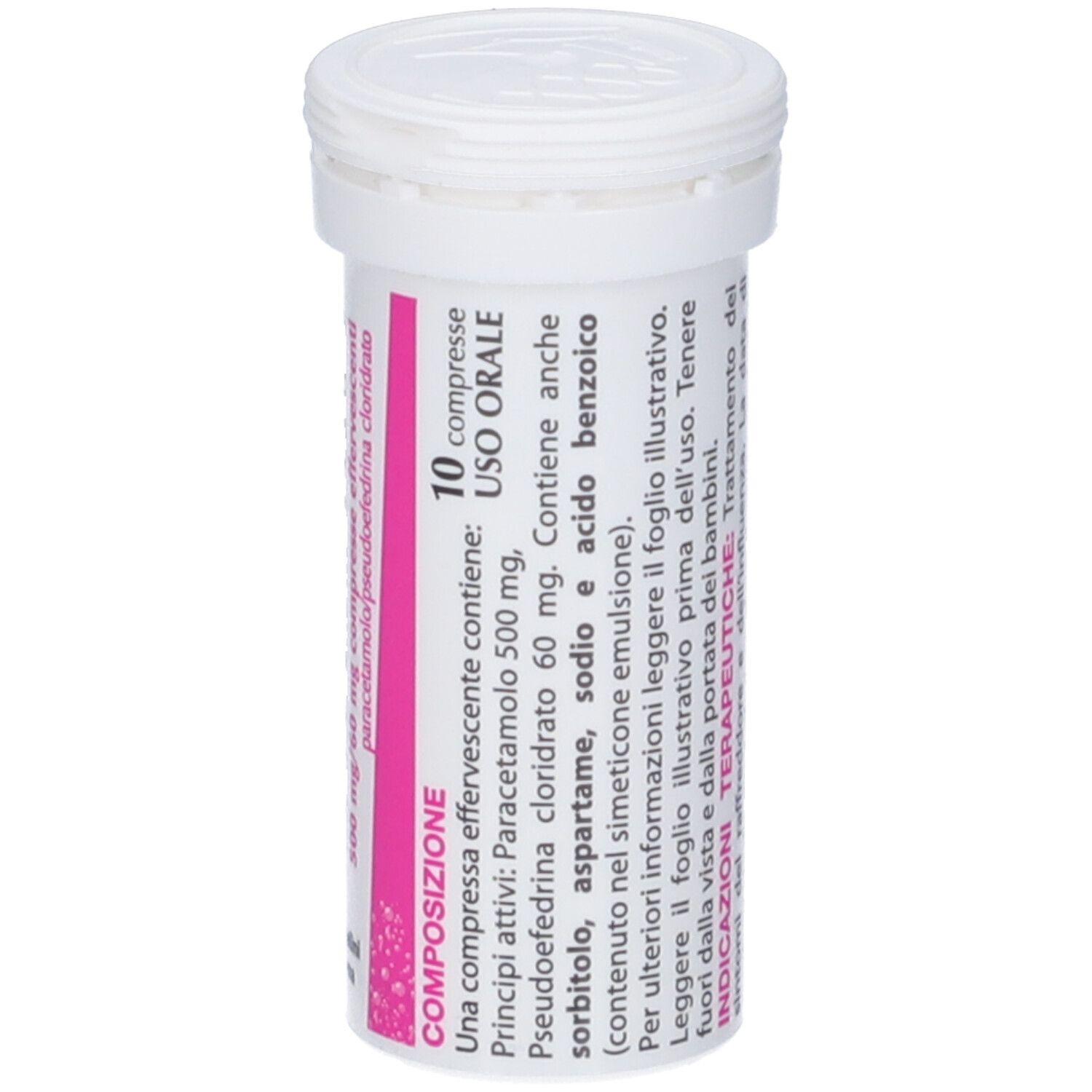 Tubo di compresse bianco con etichetta rosa. Informazioni testuali sull'etichetta.