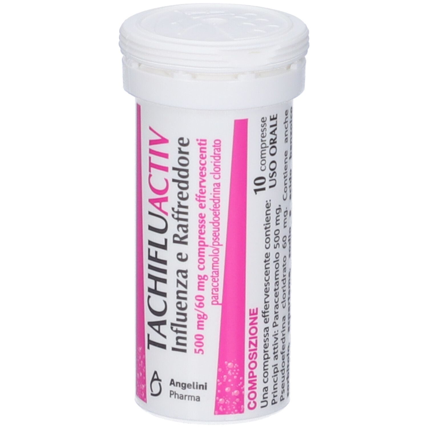 Tubo di compresse bianco con etichetta rosa. Nome del prodotto e ingredienti visibili.