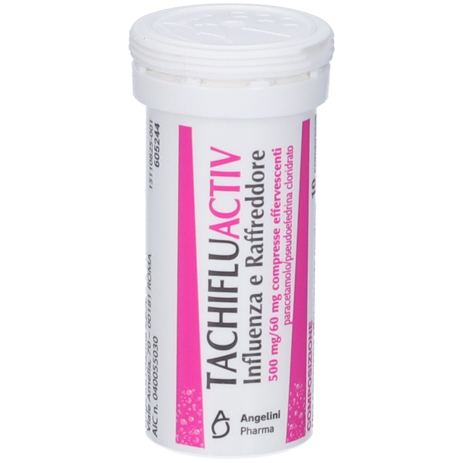 Tubo di compresse bianco con etichetta rosa. Nome del prodotto e ingredienti visibili.