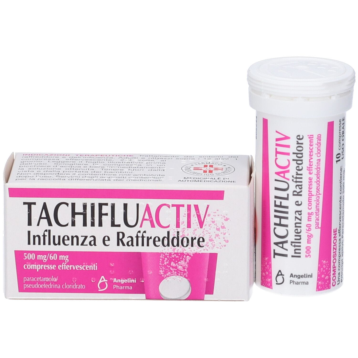 Confezione del prodotto: scatola e tubo di compresse. Entrambi con nome del prodotto e ingredienti.