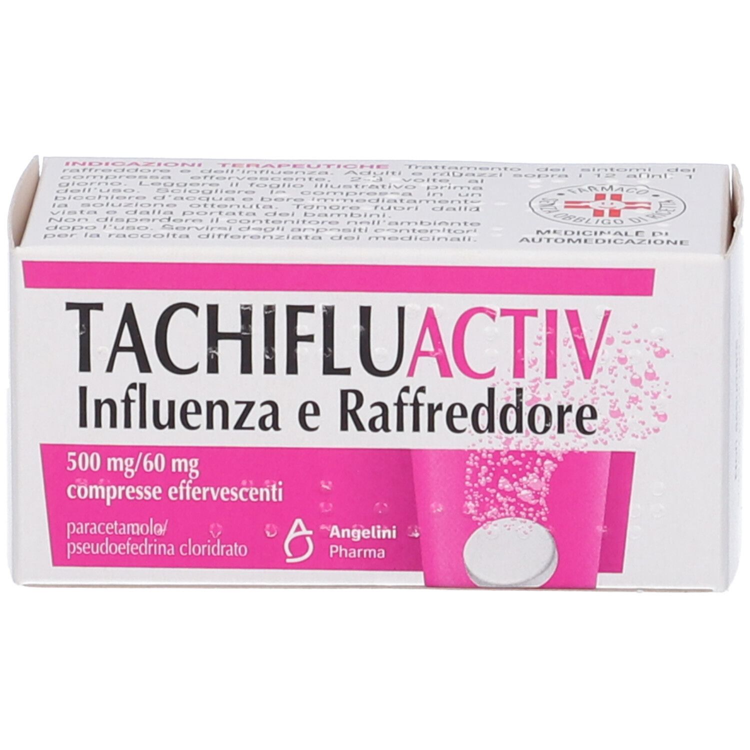 Scatola di compresse TACHIFLUACTIV. Design rosa e bianco, nome del prodotto e ingredienti visibili.