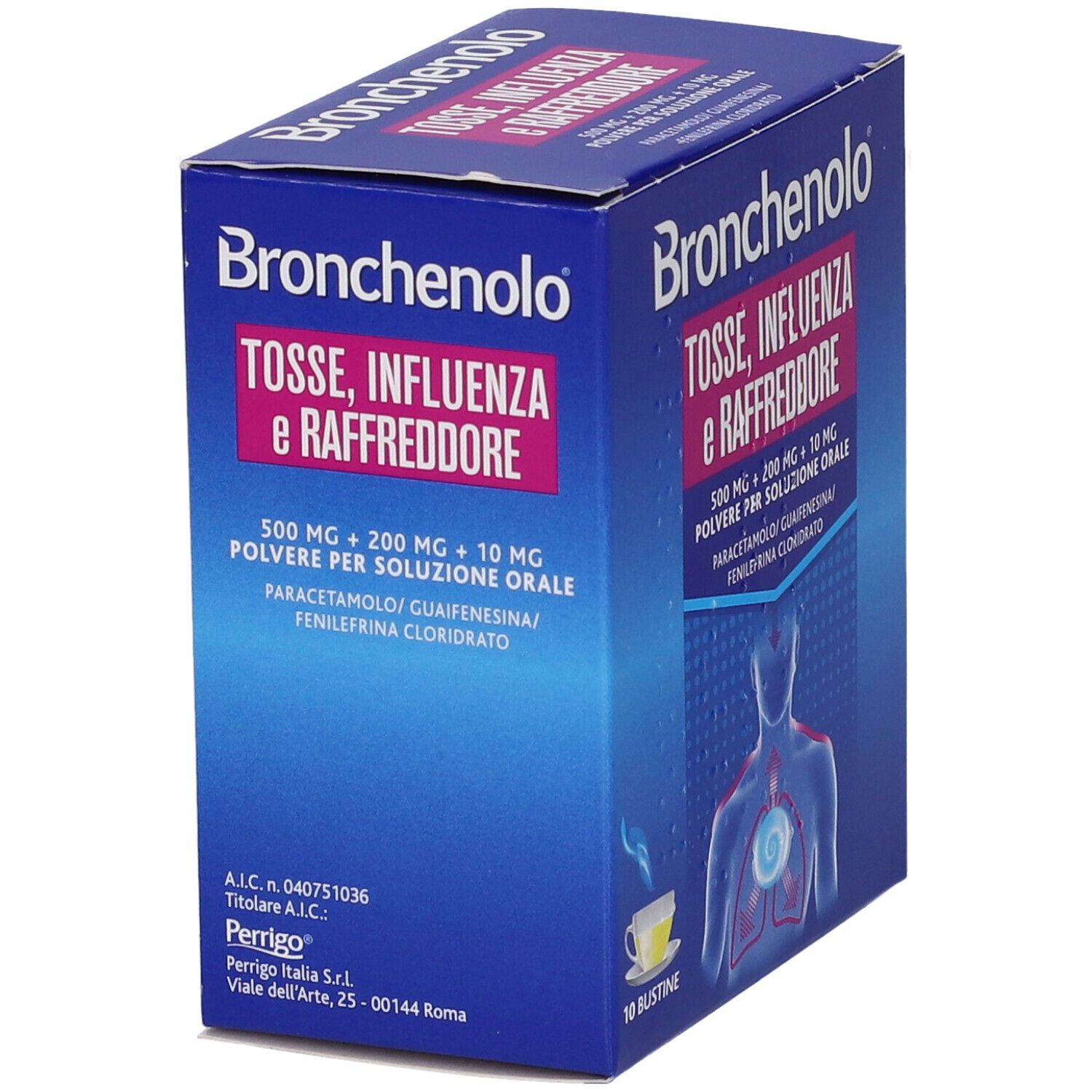 Confezione Bronchenolo. Testo: Tosse, Influenza e Raffreddore. Retro con informazioni e codice a barre.