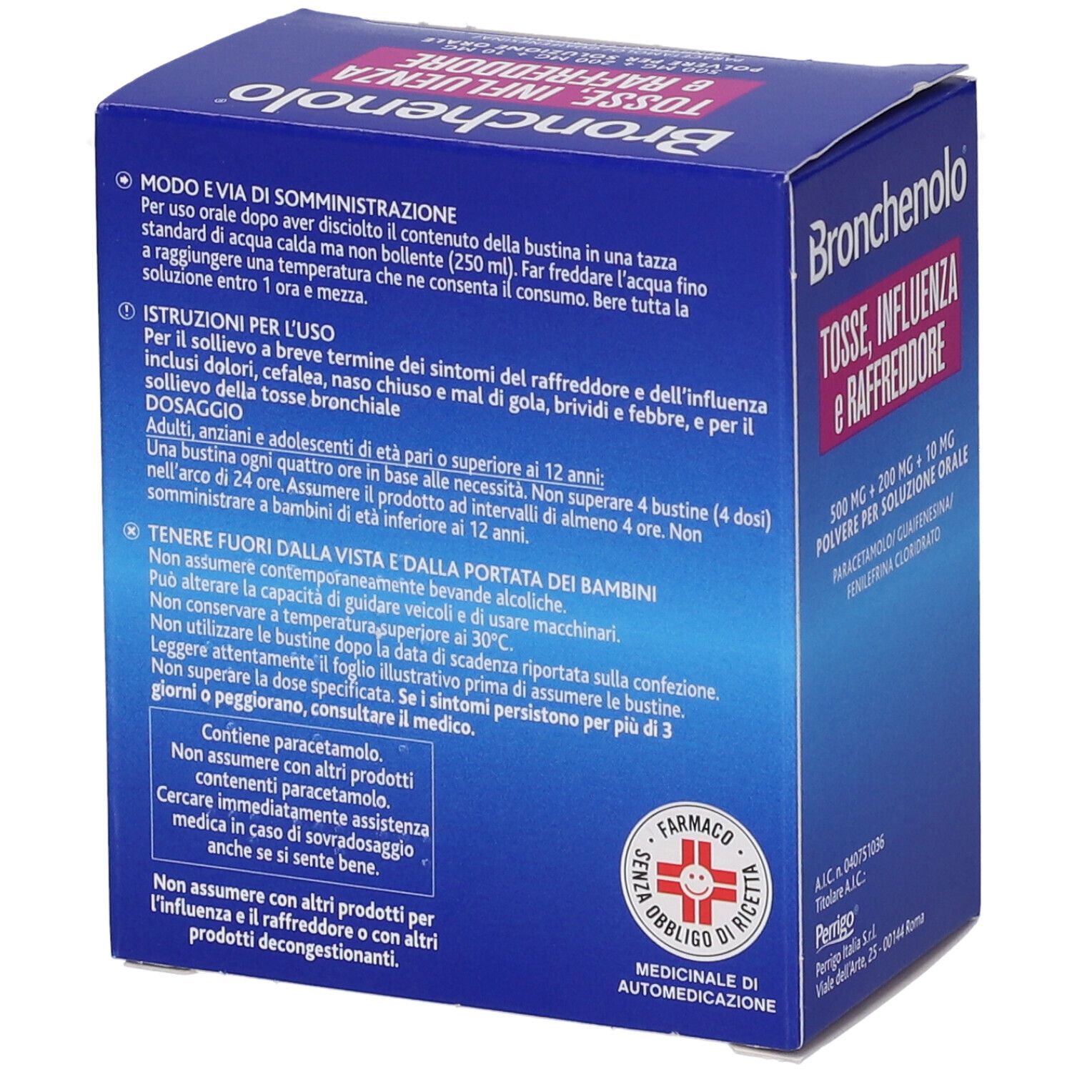 Confezione Bronchenolo. Testo: Tosse, Influenza e Raffreddore. Retro con istruzioni per l'uso.