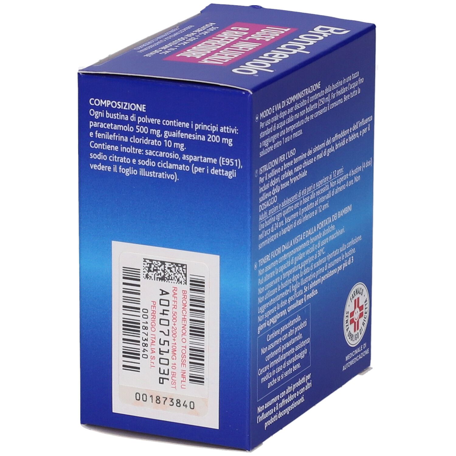 Confezione Bronchenolo. Testo: Tosse, Influenza e Raffreddore. Vista prospettica.